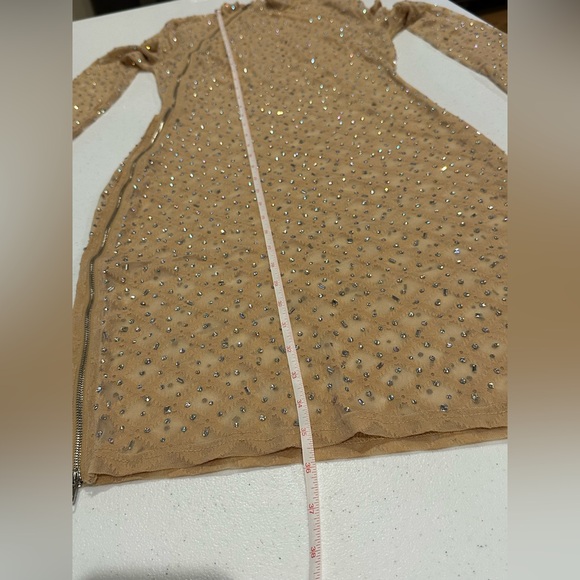 Elegant clear gem studded Long Sleeve shear Dress asymmetrical stylish zipper - Picture 11 of 13